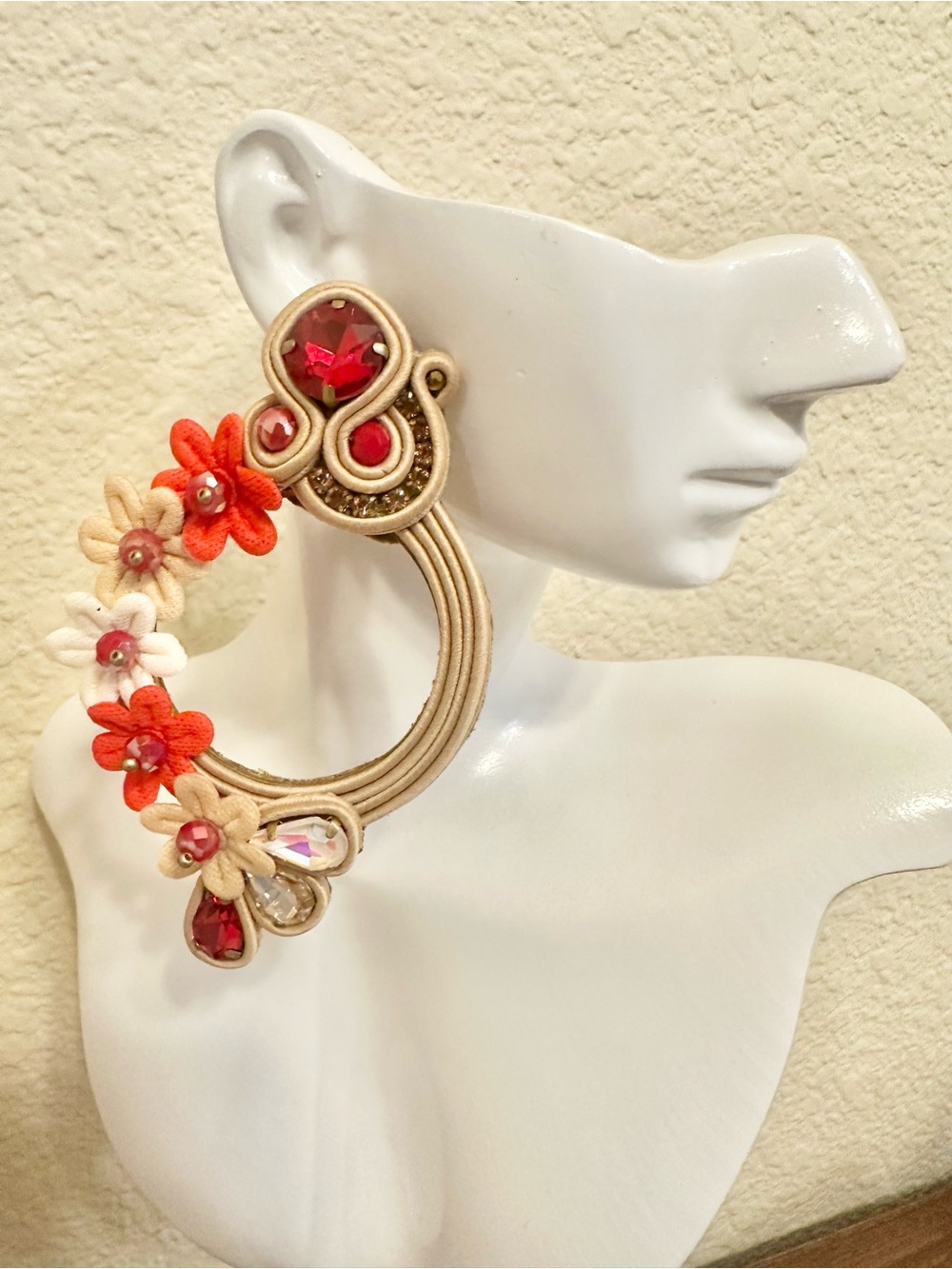 Handmade Floral Soutache Statement Earrings in Red and Cream